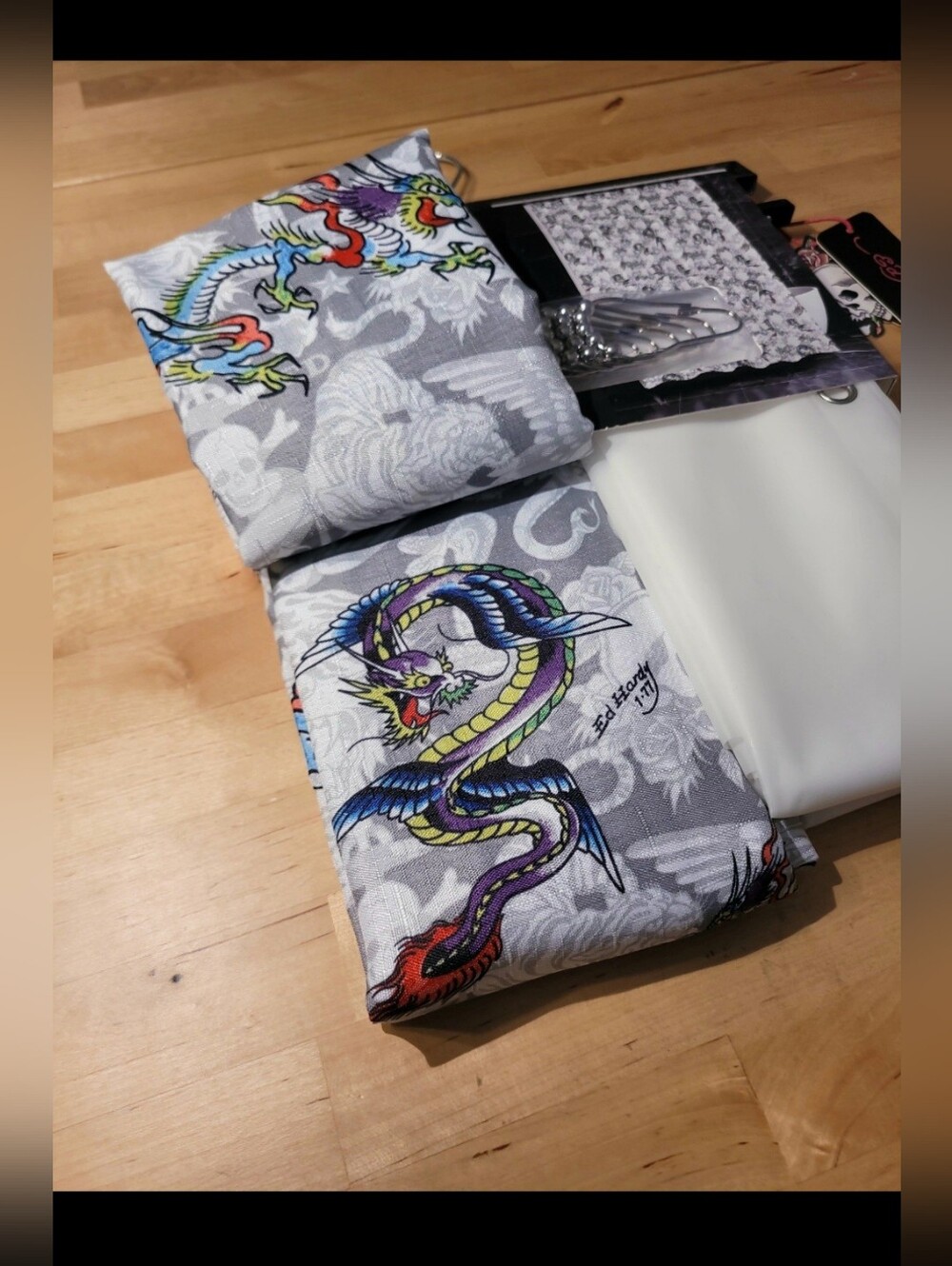 Ed Hardy 14 Piece Shower Curtain Set  - Gray Background